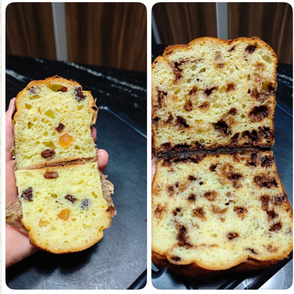 Fatias de panetone sem glúten mostrando o miolo macio, feito por aluna